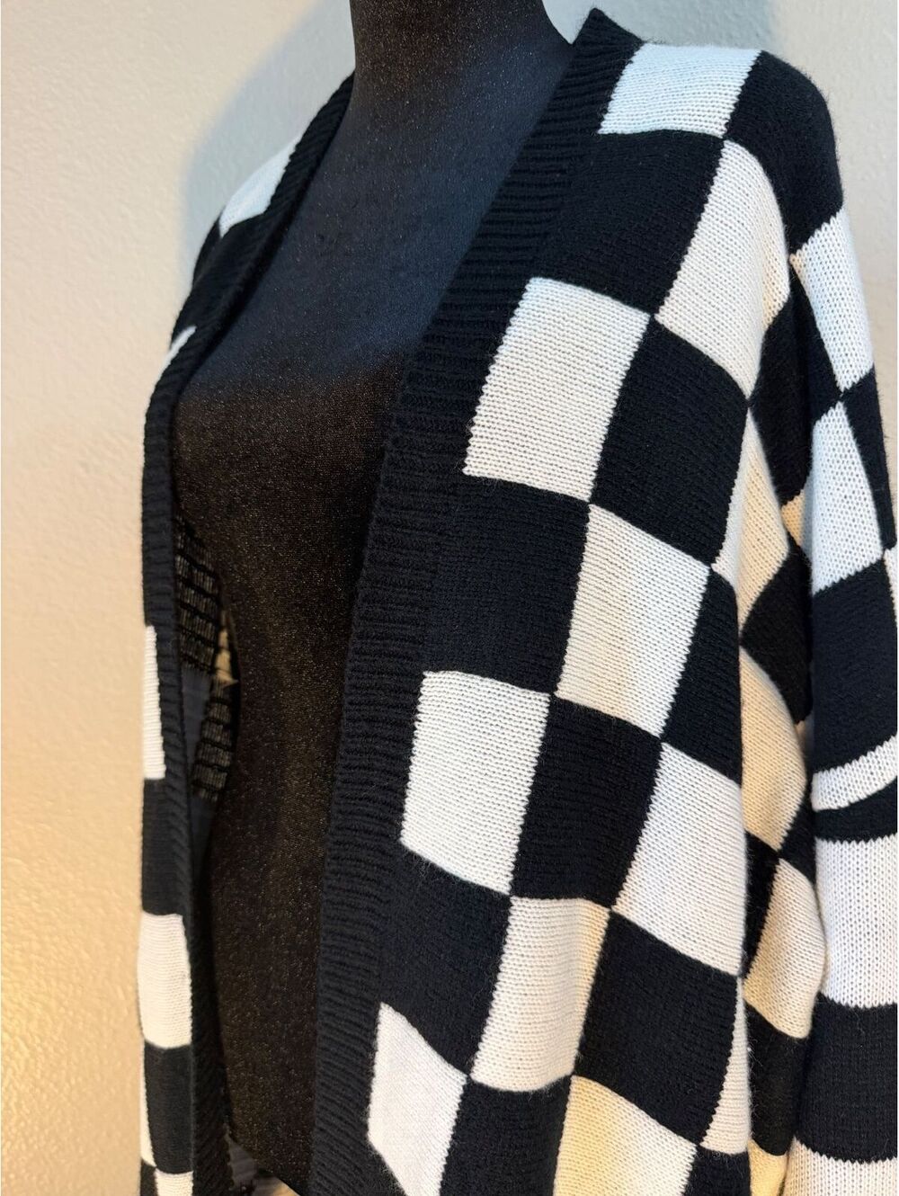 Plus Size Checkerboard Open Front Cardigan 1X Black White